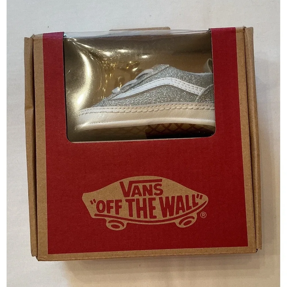 VANS Old Skool Crib Baby Shoes - Size 1 - Glitter Silver/True White
